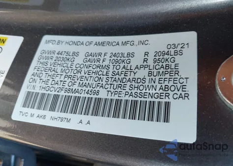 2021 Honda Accord Touring from USA, damaged, VIN 1HGCV2F98MA014598